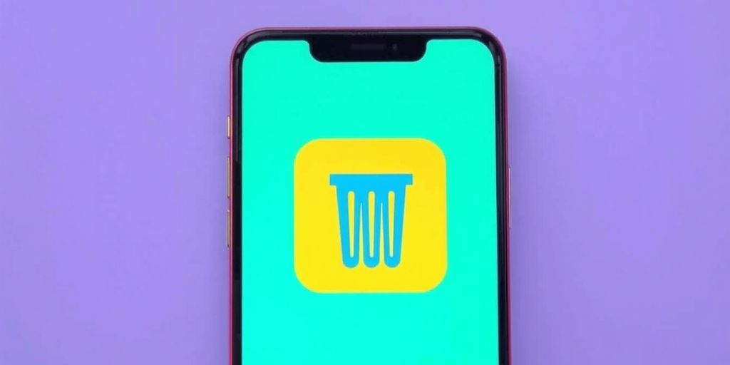 Android phone with trash can icon on solid background.