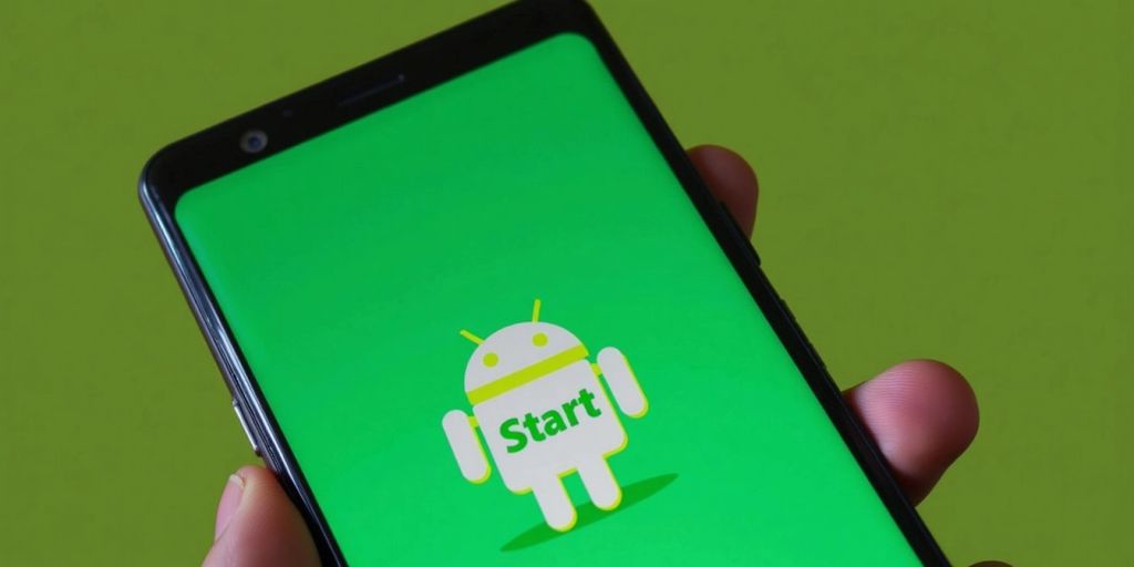 Smartphone with Android logo on solid green background.