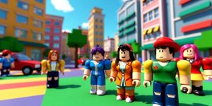 Colorful Roblox characters in a dynamic 3D environment.